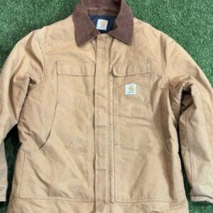 Vintage Carhartt Chore Coat No Size‎ Tag SEE PICS Tan Corduroy Trim Workwear